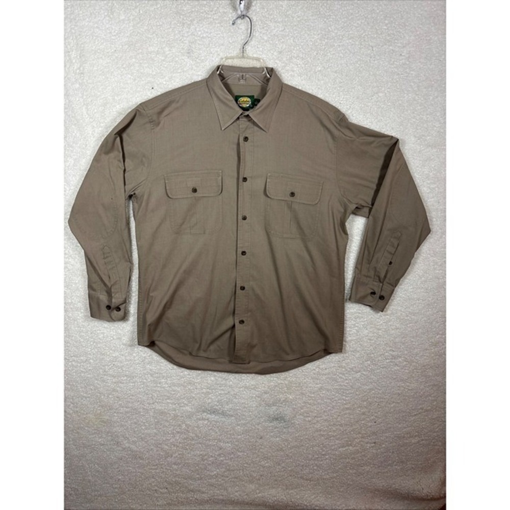 vtg Cabelas Button Down Shirt Mens Large Tan Long Sleeve ‎ Elbow Patches